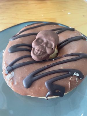 Chocolate donut with a donut hole in the donut’s hole  at Choclo y Maíz Cocina Vegana in Guadalajara