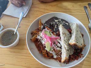 Chilaquiles rojos with chorizo at Choclo y Maíz Cocina Vegana in Guadalajara