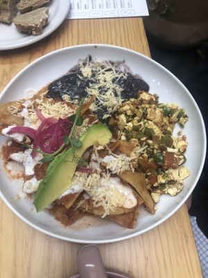 Chilaquiles roja with side of tofu  at Choclo y Maíz Cocina Vegana in Guadalajara