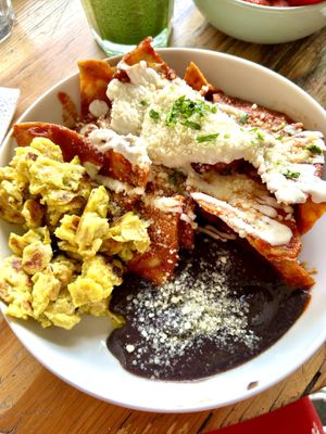 Chilaquiles with eggs  at Choclo y Maíz Cocina Vegana in Guadalajara