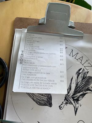 Taco menu — this is in addition to their regular menu! at Choclo y Maíz Cocina Vegana in Guadalajara