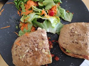 Cuban sandwich and salad. at Choclo y Maíz Cocina Vegana in Guadalajara
