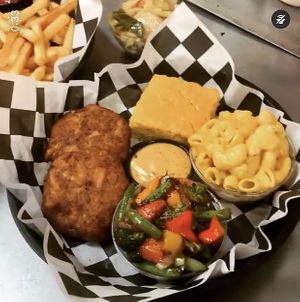 "Phyllis Hyman"- Krab Cake w/ house made dipping sauce, veggie stir-fry, Go Vegan mac, cornbread at Go Vegan Philly in Wilmington