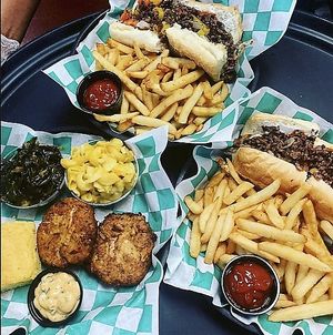"Broad St Bullies" (Cheesesteaks) and the "Phyllis Hyman" (Krab Cake platter) at Go Vegan Philly in Wilmington