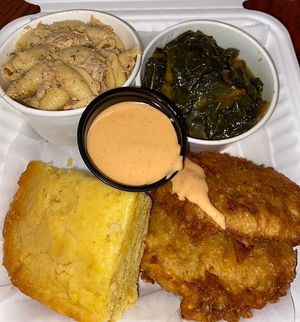 Fresh Prince w/C-Food Salad, Greens and Cornbread at Go Vegan Philly in Wilmington