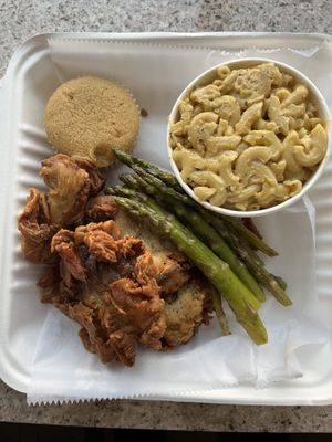 Teddy P with cornbread, Mac & cheese, and asparagus  at Go Vegan Philly in Wilmington