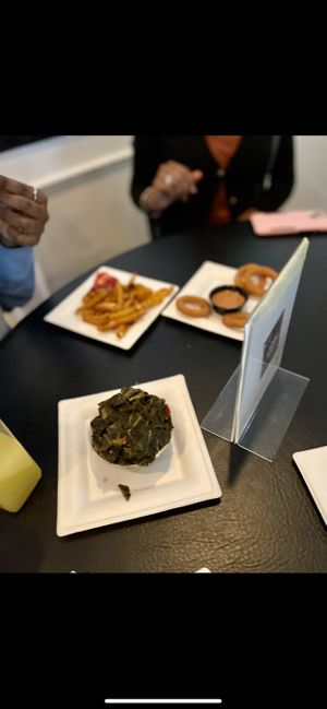Collard greens, onion rings   at Go Vegan Philly in Wilmington