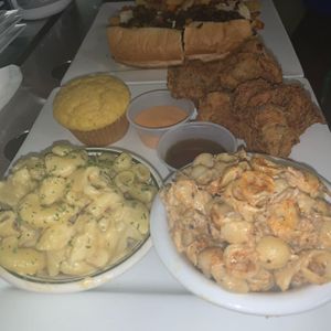 Cheesesteak, Chickn, Mac and cheese and C food Salad at Go Vegan Philly in Wilmington
