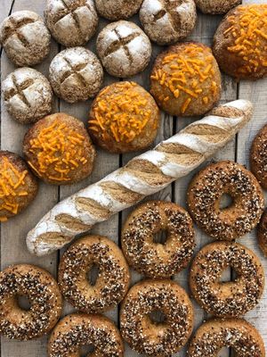 An assortment of sprouted, organic, gluten-free sourdough breads and bagels  at Uprising Bakehouse in Burlington