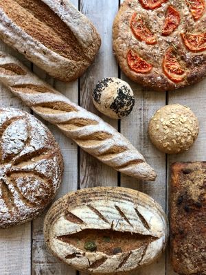 An assortment of sprouted, organic, gluten-free sourdough breads at Uprising Bakehouse in Burlington