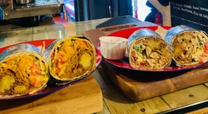 The Philly me burrito and the chikken eatza burrito  at Tacos and Flipflops - Pop-up in Peterborough