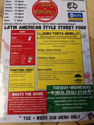 Menu (2sides) as of September 22 at Tacos and Flipflops - Pop-up in Peterborough