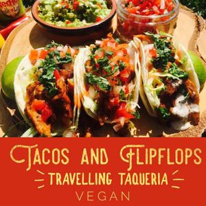 Our Kinda like chicken tacos; with 
Double stacked breads, lettuce, pico de gallo Coriander and hot sauce & ‘sour cream’
 at Tacos and Flipflops - Pop-up in Peterborough