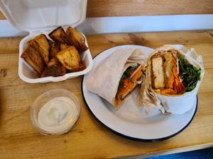 Korean bbq wrap and jacket potato fries at Okra in Shrewsbury