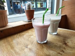 Strawberry & Coconut Smoothie and Banana & Peanut Butter Smoothie at Okra in Shrewsbury
