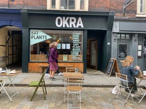 Outside of the cafe. Additional outside seating  at Okra in Shrewsbury