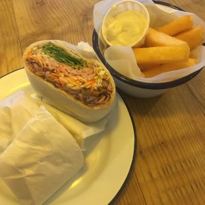 Jackfruit wrap and polenta fries at Okra in Shrewsbury