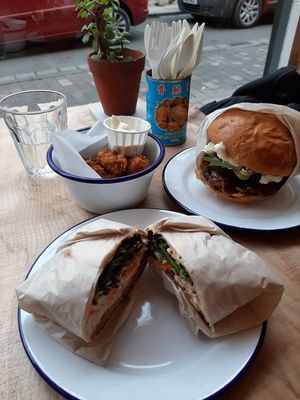 Sweet potatoes wedges, classic burger and special at Okra in Shrewsbury
