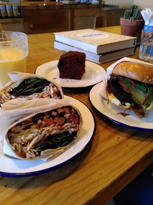 Jackfruit wrap, burger, chocolate fudge cake, tropical smoothie at Okra in Shrewsbury
