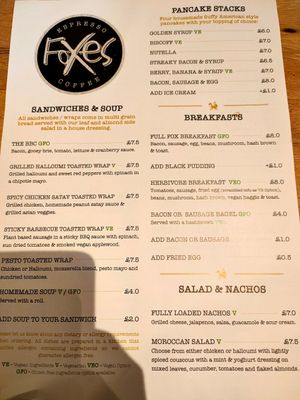 Food menu at Foxes Cafe Lounge in Carlisle