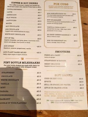 Drinks menu at Foxes Cafe Lounge in Carlisle