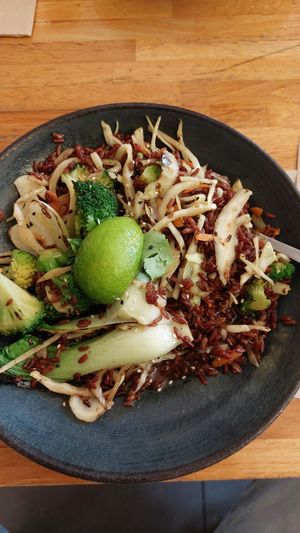 Wholegrain rice brocoli pak choi and tariyaku sauce at Wok On in Copenhagen
