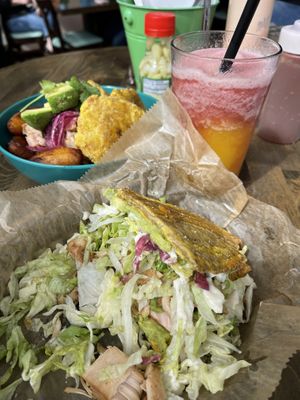 Jibarito with jackfruit, Vegan bowl, fruit juice  at Mayo Ketchup in St Louis