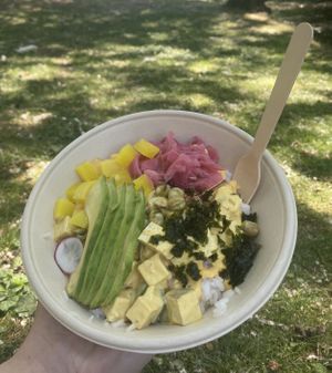 poke bowl w/ pink ginger, mango, avo, tofu, radishes & wasabi nuts 🌶  at Waikiki Poke Bowl in Kassel