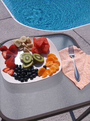 Healthy, vegan food after a morning swim in our salt water pool. at Nickeys' Nest in Paris