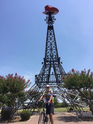 Here is Michael after finishing the "Tour de Paris" bicycle rally in July.  Paris has our own Eiffel Tower! Our area has several miles of bike trails and hiking trails. at Nickeys' Nest in Paris