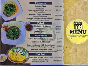 English  menu at An Lac Tam 2 in Da Nang