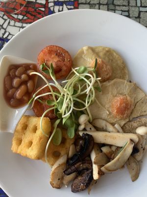 Faux fried eggs with tofu in an English style breakfast  at HOME Kitchen, Bar & Bed in Phuket