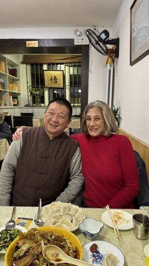 One of the owners, and me!  at TiānYuán SùShí 天缘素食 in Dalian