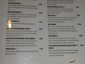 Menu at Bistro Aracosia in Washington