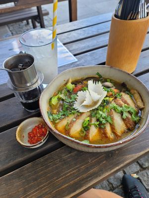 #49 with seitan duck. Sup Mien. Iced vietnamese coffee (super sweet, maybe ask not so sweet) at Element Five in Berlin