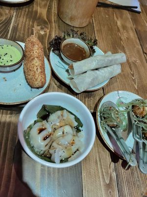 Cheesy corndog, seitan pancake rolls, tempura soy balls and steamed dumplings  at Element Five in Berlin