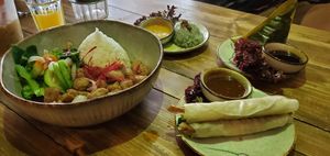 Lunch special (on left) with three tapas items. Vietnamese Coffee (which was really good) hidden on left. at Element Five in Berlin