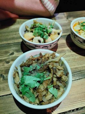 Seitan wok. Mushroom wok in the background. at Element Five in Berlin