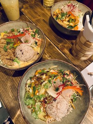 Three of the main dishes and mango lassis  at Element Five in Berlin