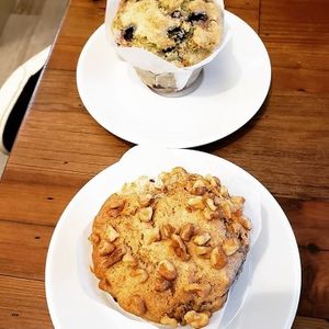 Chocolate banana walnut muffin and gluten free blueberry muffin at Sweet Rose in Fall River