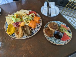 French toast and hummus bread and veggies. at Cafe 21 - University Heights in San Diego
