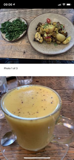 Aloo gobi, brassicas veg, chai latte  at All the Shapes in Prestwich