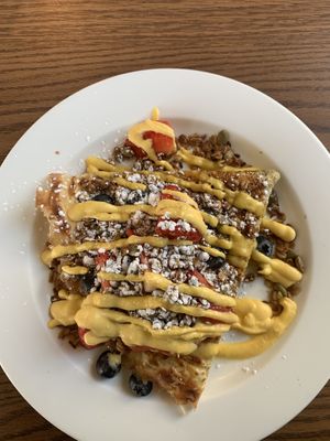 This is the vegan parfait, Its not my favorite. Chickpea Crepe was somewhat tough thin and a bit dry w/granola (more yogurt would’ve helped I think) still tasty tho!   at Lockwood in Ames