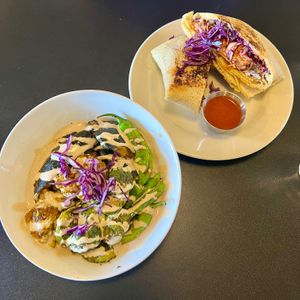 Rice Bowl (left) and Krunch Wrap (right) at Giving Tree Cafe in Phoenix