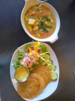 Lentil pancakes and papas potatoe soup at Giving Tree Cafe in Phoenix