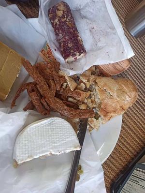 Camembert, smoked cheddar, goat cheese, bread, and some tofu jerky at TreeNut Cheezery in Ubud