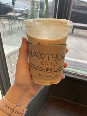 Oat milk vanilla latte at Hawthorn Coffee in San Diego