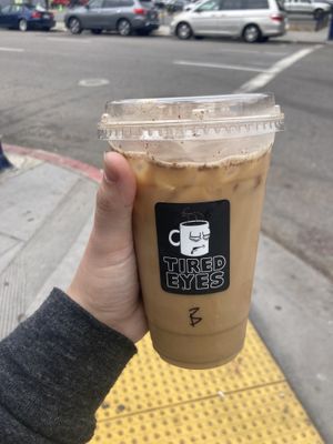 Large iced baker latte at Tired Eyes Coffee in San Diego