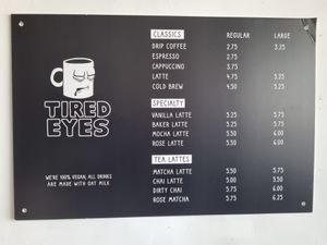 Menu at Tired Eyes Coffee in San Diego