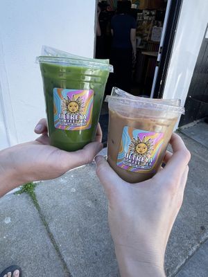 Marigold macadamia nut milk matcha and strawberry soy latte   at Ultreya Coffee and Tea in San Diego